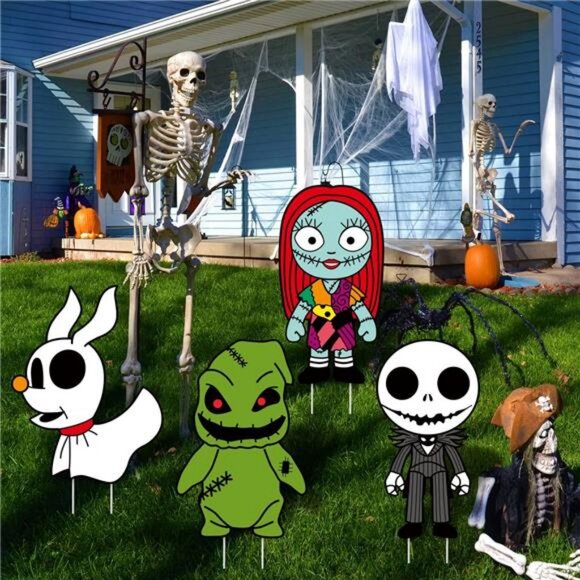 4PCS Christmas Yard Stake Signs with Jack Sally for Garden Lawn Party Prop Decor - Picture 2 of 7